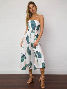 Leaves Printed Backless Off-the-shoulder Long Jumpsuits