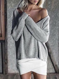 Solid Color Asymmetric V-neck Loose Sweater Tops