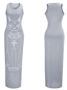 Cat Printed Straps Sleeveless Maxi Dress