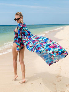 2018 Summer Printed Long Sleeve Cover Up One Shoulder Swimsuit Two Pieces Set
