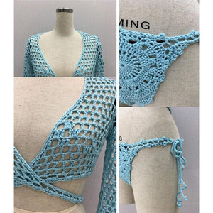 Crochet Bikini Swimsuit Women Swimwear Knitting Bathing Suit Sexy Deep V Lace Up Beach Cover Up Tops