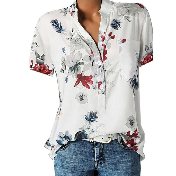 Fashion Women Blouses Printing Pocket Plus SizeShort Sleeve Tops