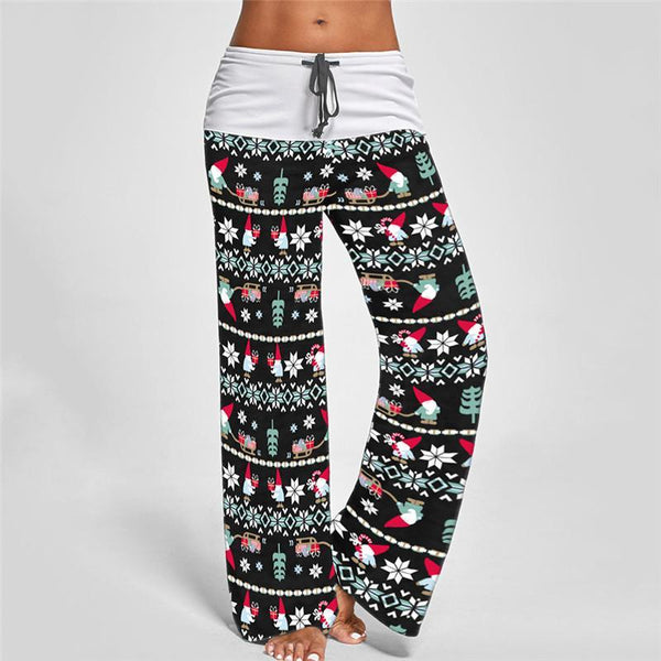 New Autumn Women Christmas Style Long Pants Vintage Print Casual Wide Leg Pants Streetwear Female Patchwork Loose Pant