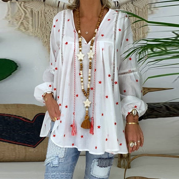 Women White Casual Lantern Long Sleeve Hollow Pentagram Printed Blouse Shirt