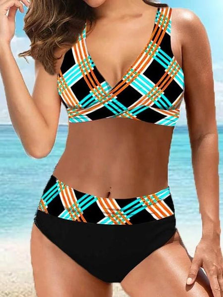 Printed Stripes Lattice Bikinis Swimwear