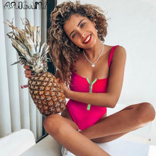 Load image into Gallery viewer, 2021 Striped Swimwear One Piece Swimsuit Women Backless Monokini Swimsuit Sport Bodysuit Beach Bathing Suit Swim Red White
