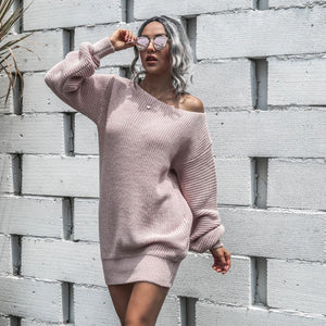 Autumn/winter casual off-the-shoulder lantern sleeve knitted sweater dress