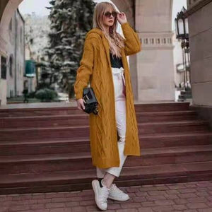 Autumn/winter Solid-colored Hooded Long Cardigan Sweater Hemp Sweater