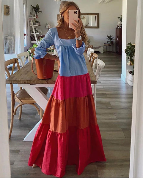 Sexy colorful four-layer plain color-block maxi dress