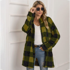 Autumn Winter Sweater Cardigan Amazon Hot Contrast Plaid Long Coat