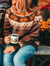 Load image into Gallery viewer, Printed  Tight Knit Holiday Pullover Brown Crew Neck Knitted Sweater
