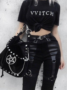 Casual Gothic Pants Women Halloween Sexy Leather Blet Patchwork Mid Cargo Pants Black Full Length Trousers