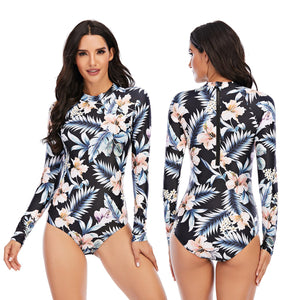 One-piece long-sleeved surf suit sunscreen women's swimsuit hot spring diving suit sexy swimsuit Ani flower