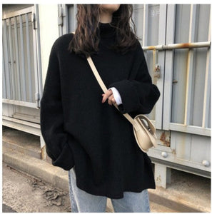 Black turtleneck sweater women fall/winter loose pullover all-match solid color thick outer wear sweater