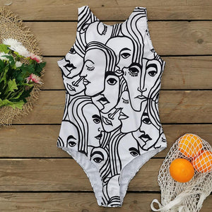 Swimsuit One-piece Bikini Personality Abstract Printed Swimsuit Female Sleeveless Monokini white
