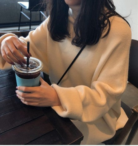 Black turtleneck sweater women fall/winter loose pullover all-match solid color thick outer wear sweater