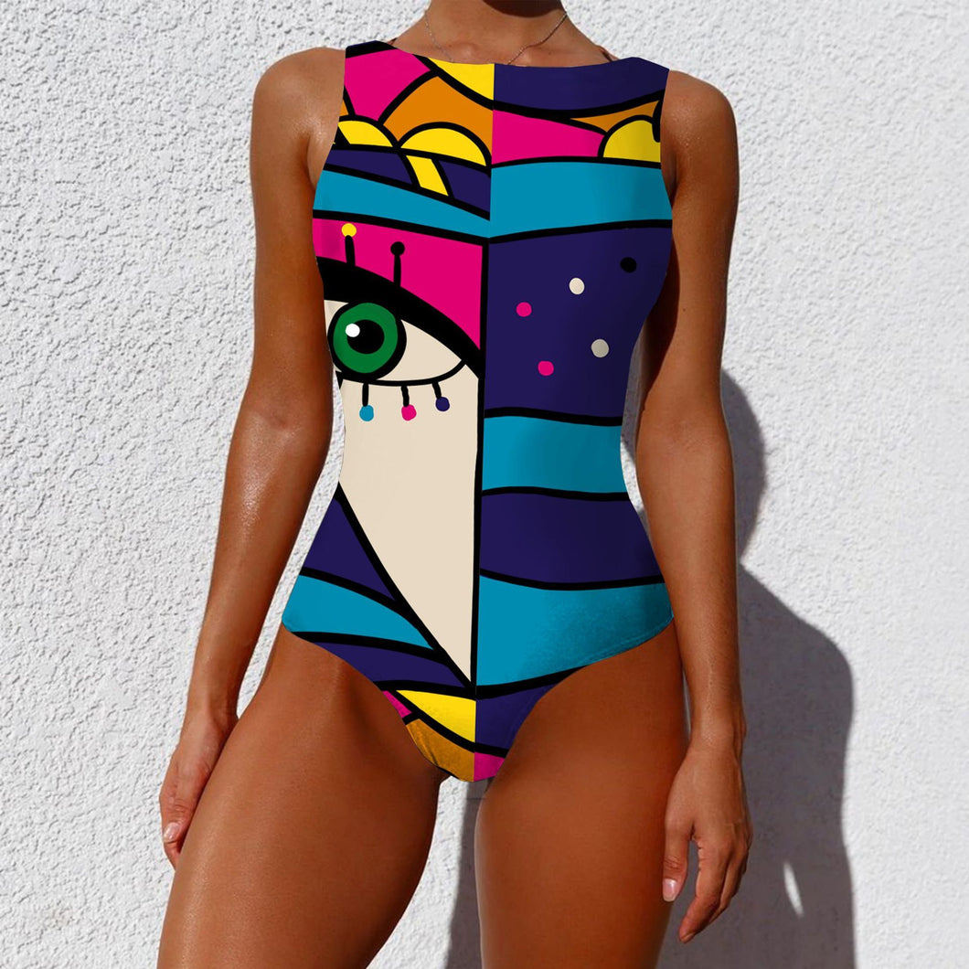 Swimsuit One-piece Bikini Personality Abstract Printed Swimsuit Female Sleeveless Monokini