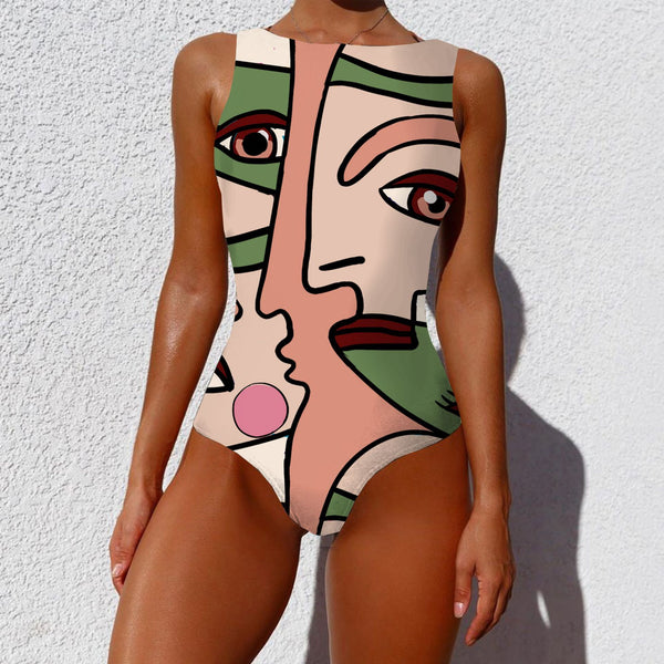 Swimsuit One-piece Bikini Personality Abstract Printed Swimsuit Female Sleeveless Monokini street