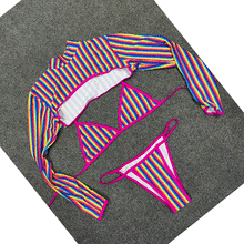Load image into Gallery viewer, New Three-piece Set Rainbow Striped Rainbow Gradient Print Long-sleeved Sunscreen Swimwear Bikini Wetsuit
