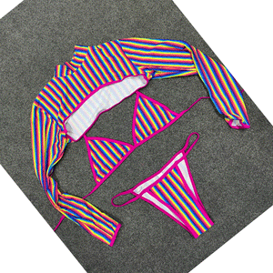 New Three-piece Set Rainbow Striped Rainbow Gradient Print Long-sleeved Sunscreen Swimwear Bikini Wetsuit