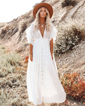 Load image into Gallery viewer, Drawstring Long Skirt Sunscreen Shirt Beach Blouse V-Neck Dress
