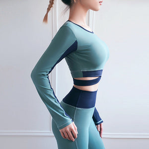 Yoga dress women's autumn and winter new cross shoulder belt Yoga long sleeve T-shirt sports fitness navel top