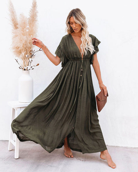 Drawstring Long Skirt Sunscreen Shirt Beach Blouse V-Neck Dress