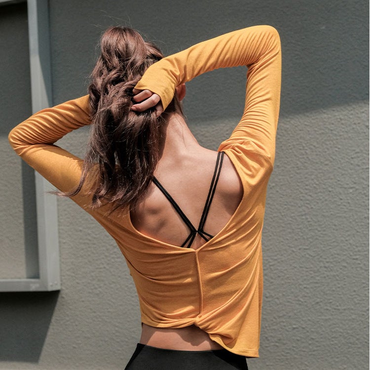 Fitness sports long-sleeved yoga clothes tops running training sexy beauty back blouses dance clothes
