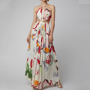 Spring/Summer New Women's Dress iNew Slim Slim Strap Stitching Printed Long Skirt Beach Dress
