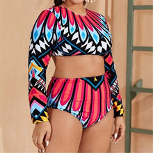 Load image into Gallery viewer, Sexy Bikini Conservative Printed High Waist Long Sleeve Split Swimsuit
