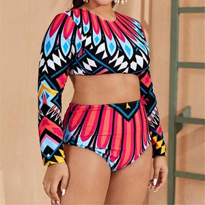 Sexy Bikini Conservative Printed High Waist Long Sleeve Split Swimsuit