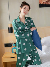 Load image into Gallery viewer, Spring and Summer Simple Women's Long Sleeve Lapel Housewear Set Ice Silk Dot Printed Silk Pajamas
