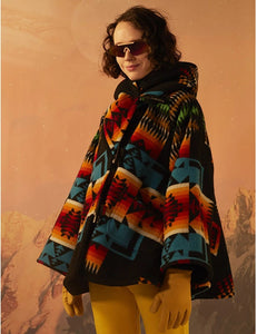Long sleeve hooded coat printed woolen coat