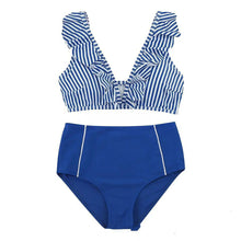 Load image into Gallery viewer, Bikini stripe solid color lotus leaf flash high waist split swimsuit
