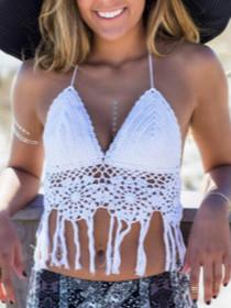 Cotton Hand Hook Sunflower Beach Bikini Handmade Hook Flower Cut Out Back Hanging Neck Tassel Bra
