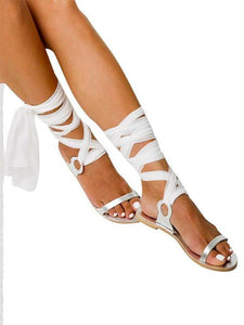 Women Summer Bohemia Solid Color Bandage Flats Sandals