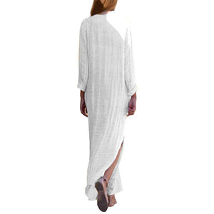 Autumn V Neck Long Sleeve Linen Cotton Maxi Dress