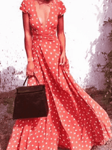 Load image into Gallery viewer, Women s Boho Polka Dots Deep V Neck Short Sleeve Maxi Dress
