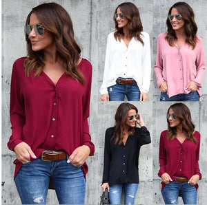 4 colors V-NECK Long Sleeve Solid color Women Shirt Cardigan