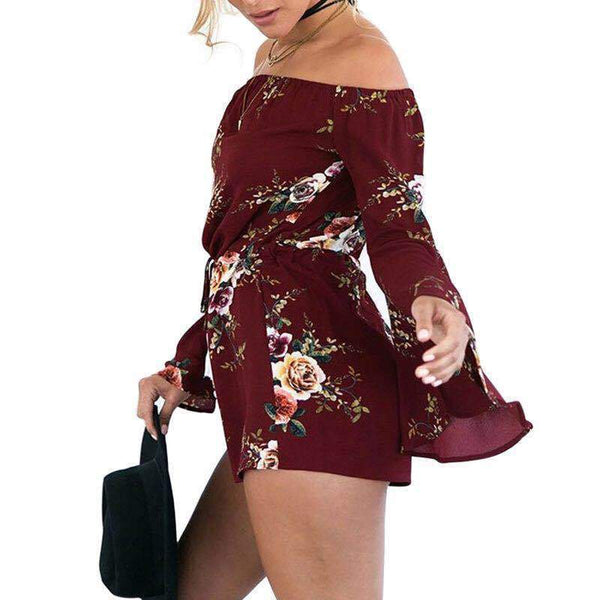 Flower Print Off Shoulder Long Sleeve Rompers