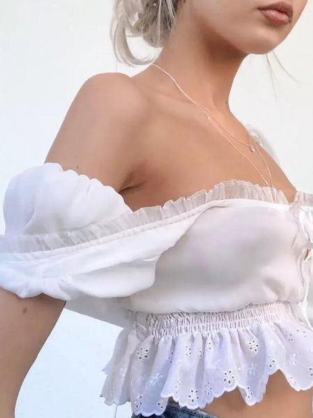 Girl Lace Puff Sleeve Short High Waist Top