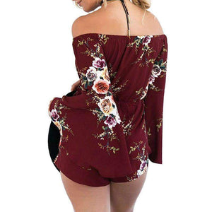 Flower Print Off Shoulder Long Sleeve Rompers