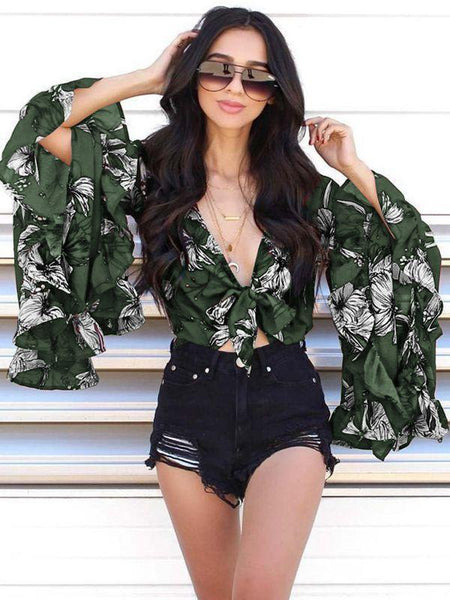 Flared Sleeve Ruffled Irregular V-Neck Top