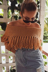 Knit Off Shoulder Long Sleeve Tassel Sweater