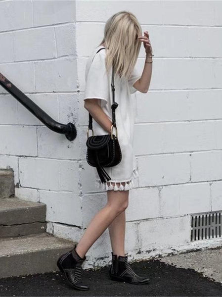 White V Neck Short Sleeve Tassel Mini Dress