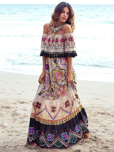 Flower Print Off Shoulder Tassel Bohemia Maxi Dress