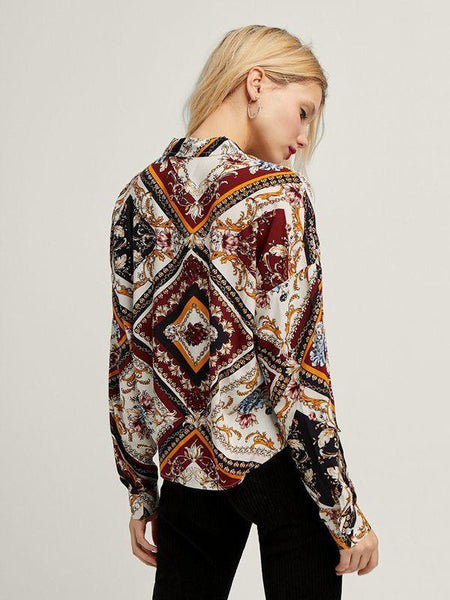 Printed Geometric Pattern Shirt Loose Stand Collar Top
