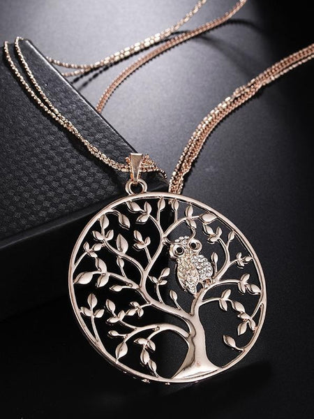 Character Owl Pendant Necklace Creative Life Tree Hollow Sweater Chain Pendant