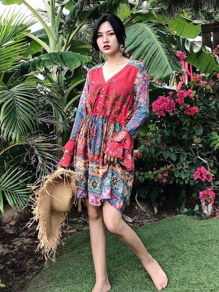 Boho Floral Printed Flare Long Sleeve Drawstring Waist Mini Dress