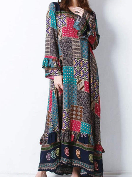 Bohemian Lotus Leaf Long Sleeve Print Loose Long Dress